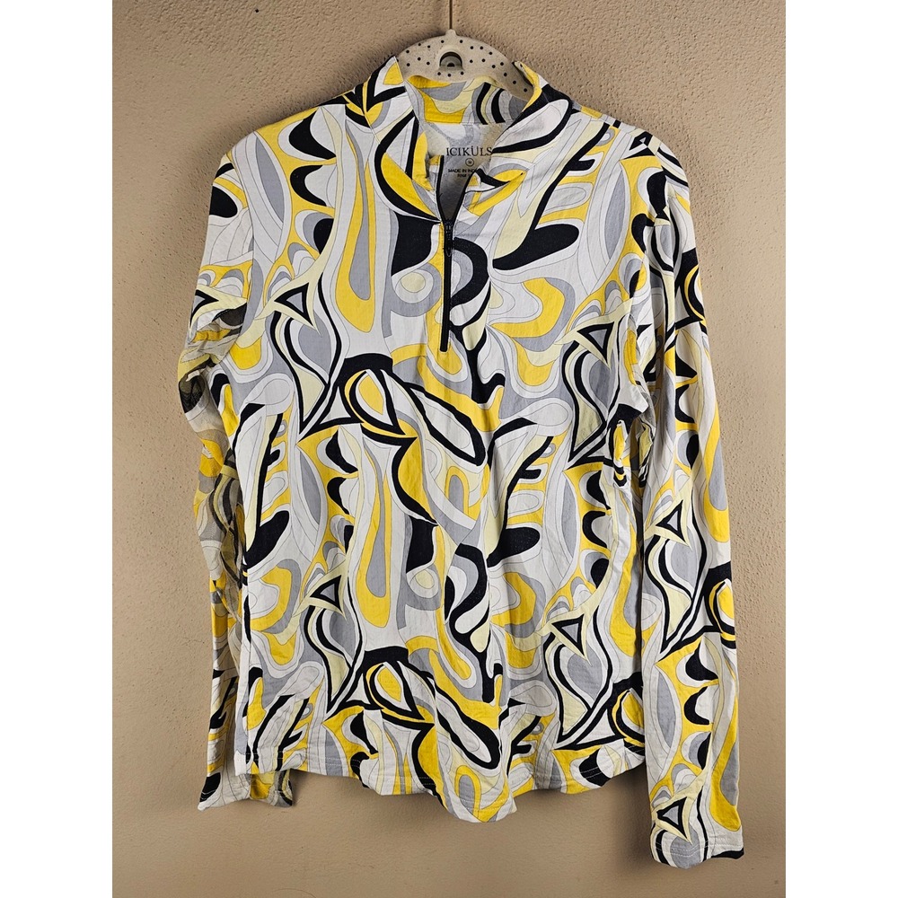 Icikuls Womens White Yellow Black 1/4 Zip Pullover Medium